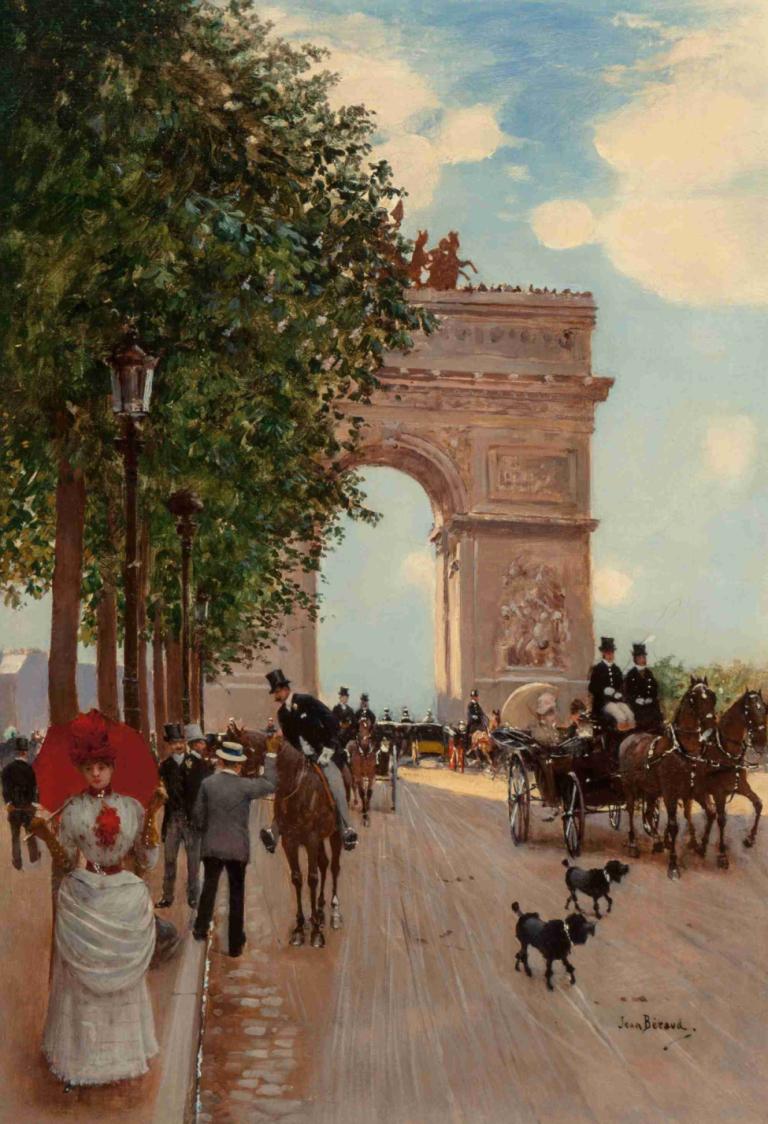 L'Arc de Triomphe, Champs-Elysées,香榭丽舍大街凯旋门,Jean Béraud,让-贝罗,油画,油画, 马, 树, 天空, 户外, 裙子, 云, 多个男孩, 风景, 白色礼服, 天