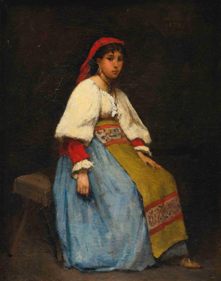 L'Italienne,Italianul,Jean Béraud,Pictura in ulei,Pictura in ulei, 1 fata, solo, haine traditionale, stând