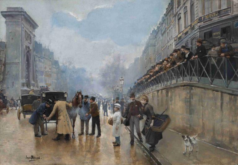 L'accident; Porte Saint-Denis,事故；圣丹尼门,Jean Béraud,让-贝罗,油画,油画, 地面车辆, 多个男孩, 6+男孩, 户外, 传统媒体, 乐器, 摩托车, 绘画（中）, 建筑