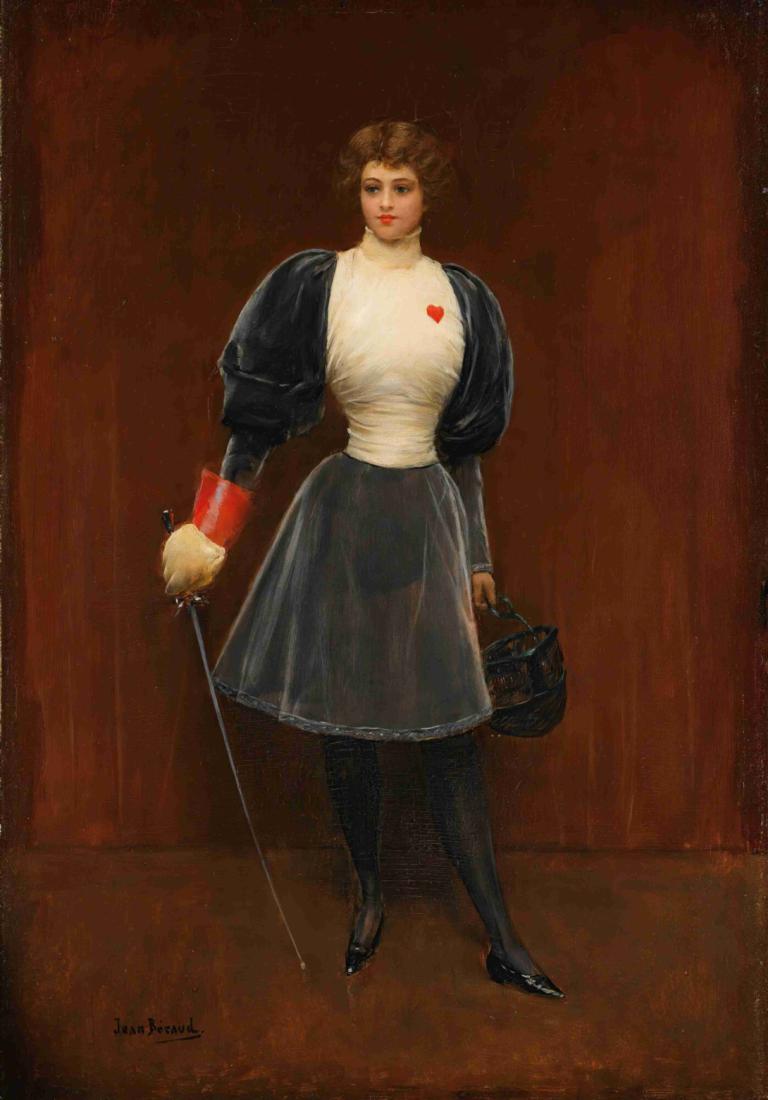 L'escrimeuse,Jean Béraud,Peinture à l'huile,Peinture à l'huile, 1fille, solo, cheveux bruns, collants, jupe