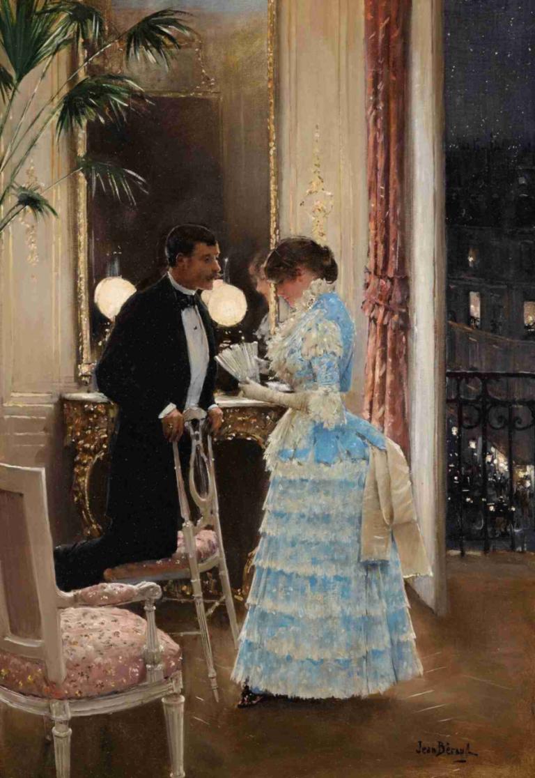 La Conversation,The Conversation,Jean Béraud,Obraz olejny,Obraz olejny, 1 dziewczyna, sukienka, 1chłopiec