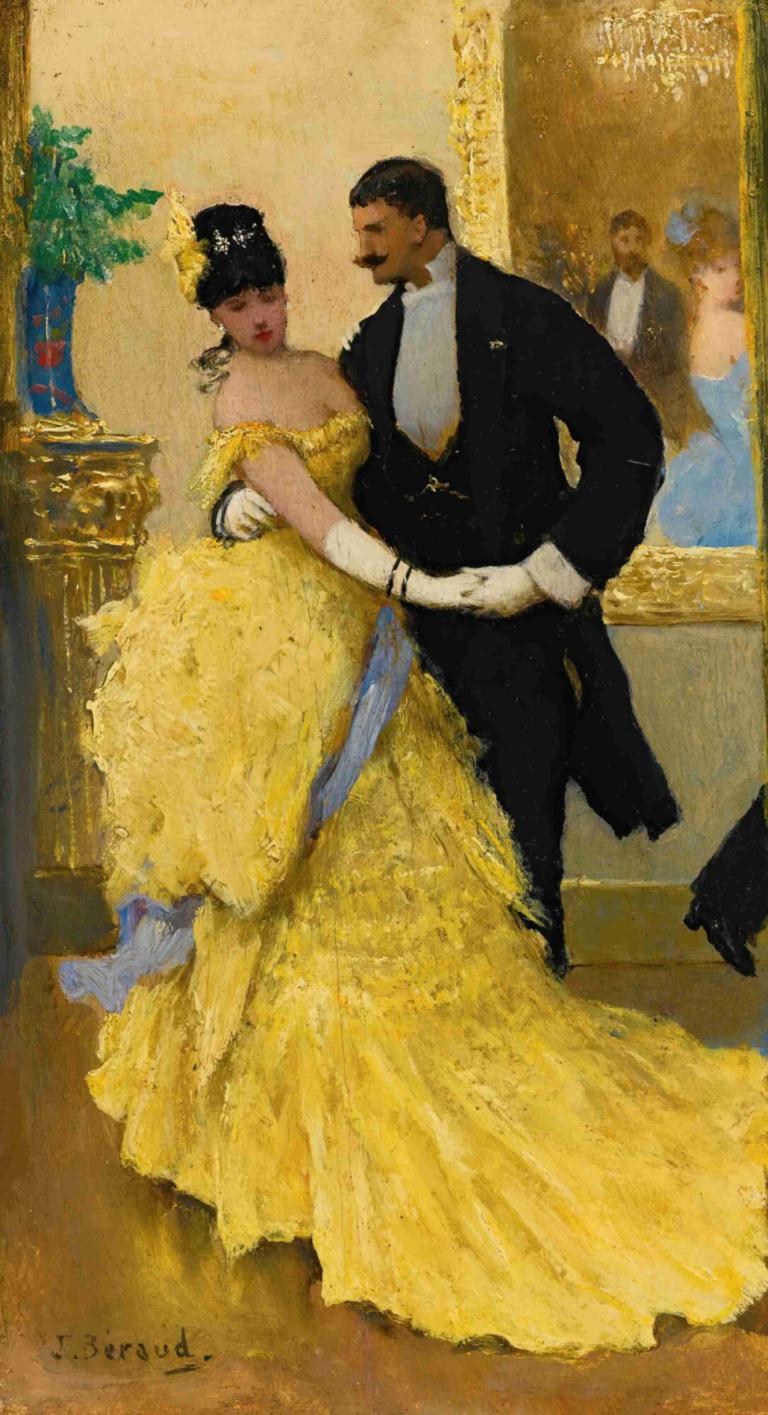 La Danse,Jean Béraud,Oil Painting,Oil Painting, dress, dancing, gloves, 1girl, yellow dress, 1boy