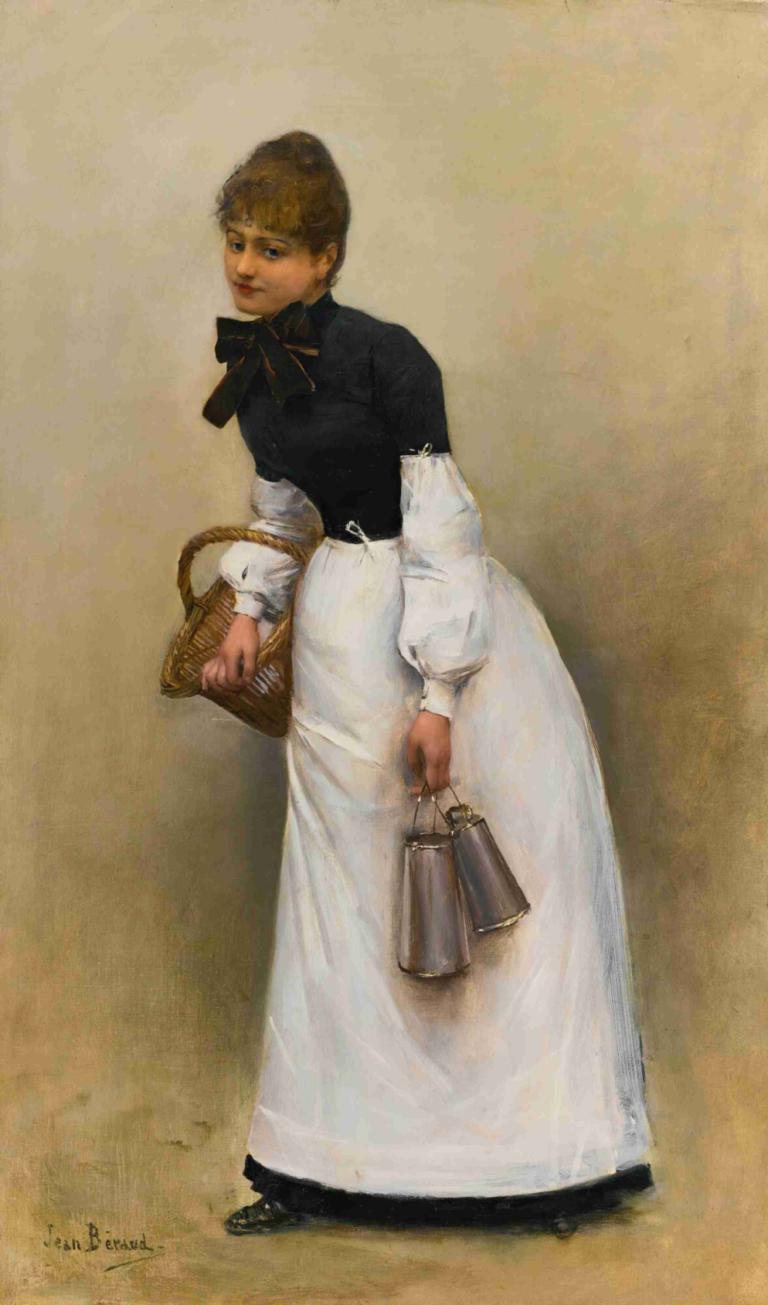 La Servante,Jean Béraud,Pintura al óleo,Pintura al óleo, 1 chica, solo, cesta, vestido, calzado negro