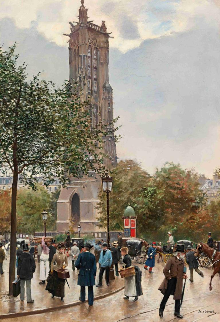 La Tour Saint Jacques,圣雅克塔,Jean Béraud,让-贝罗,油画,油画, 树, 户外, 多个男孩, 6+男孩, 帽子, 云, 风景, 多个女孩, 天空, 马, 建筑, 灯柱, 真实世界位置