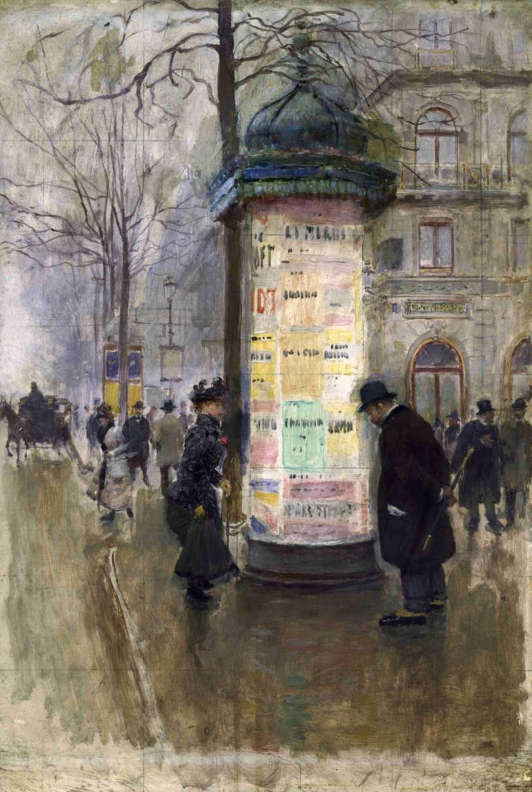 La colonne Morris,莫里斯专栏,Jean Béraud,让-贝罗,油画,油画, 多个男孩, 树, 传统媒体, 绘画（中）, 水彩（中）, 帽子, 男性焦点, 街道, 6+男孩, 黑发, 户外