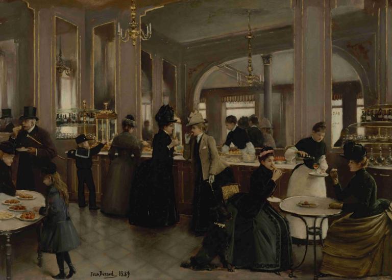 La pâtisserie Gloppe,Gloppe 糕点店,Jean Béraud,让-贝罗,油画,油画, 帽子, 在室内, 桌子, 6+男孩, 多个男孩, 食物, 黑发, 椅子, 多个女孩, 桌布, 杯子, 保持