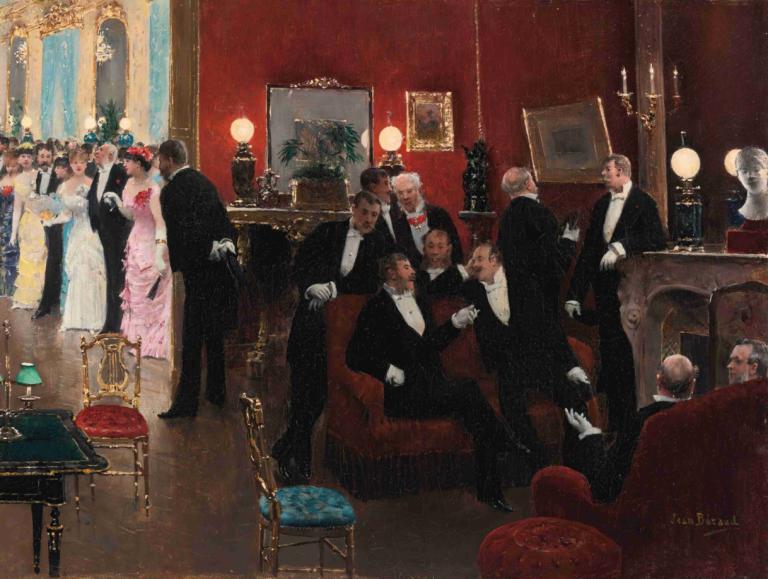 La réception,接待台,Jean Béraud,让-贝罗,油画,油画, 正式的, 绘画（物体）, 裙子, 6+男孩, 多个男孩, 套装, 在室内, 白手套, 椅子, 手套, 坐着, 美术模仿, 桌子