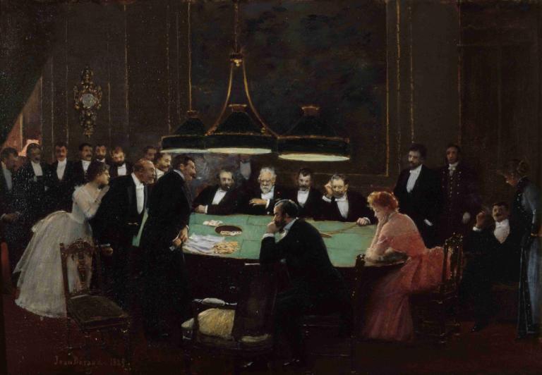 La salle de jeu,游戏室,Jean Béraud,让-贝罗,油画,油画, 美术模仿, 6+男孩, 桌子, 多个男孩, 裙子, 坐着, 在室内, 多个女孩, 正式的, 桌布, 椅子, 假传统媒体