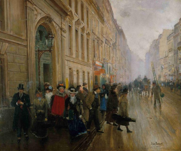 La sortie du conservatoire de musique,离开音乐学院,Jean Béraud,让-贝罗,油画,油画, 帽子, 多个男孩, 传统媒体, 6+男孩, 户外, 绘画（中）, 建筑, 风景