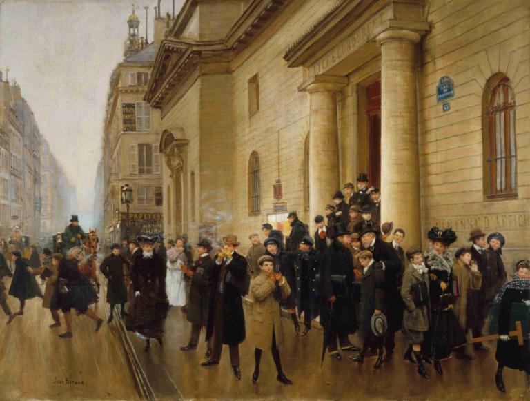 La sortie du lycée Condorcet,离开孔多塞中学,Jean Béraud,让-贝罗,油画,油画, 6+男孩, 多个男孩, 传统媒体, 多个女孩, 帽子, 建筑, 黑发, 绘画（中）, 外套