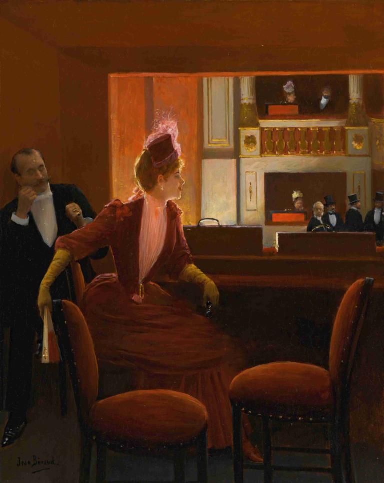 La Loge,Hytta,Jean Béraud,Oljemaleri,Oljemaleri, sitter, stol, kjole, innendørs, flere gutter, hatt, 1 jente