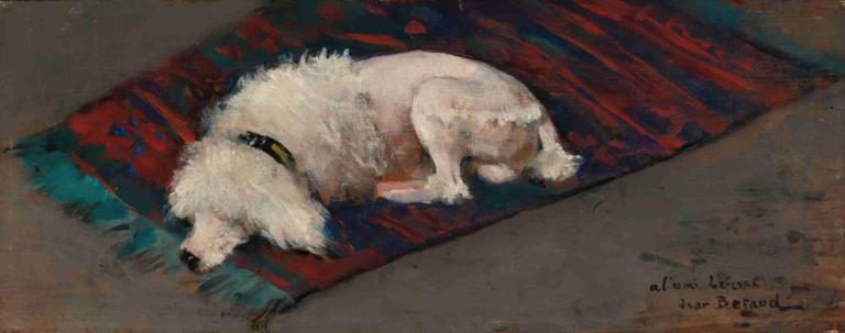 Le Caniche Blanc,Jean Béraud,Oil Painting,Oil Painting, no humans, dog, animal focus, dated, animal, lying