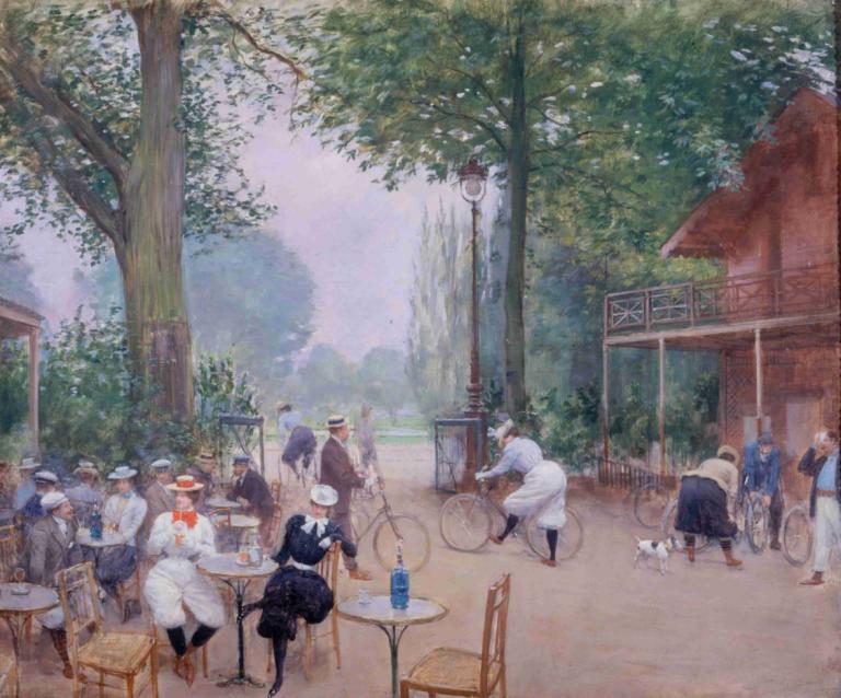 Le Chalet du Cycle au bois de Boulogne,Jean Béraud,Oil Painting,Oil Painting, hat, tree, bicycle, outdoors