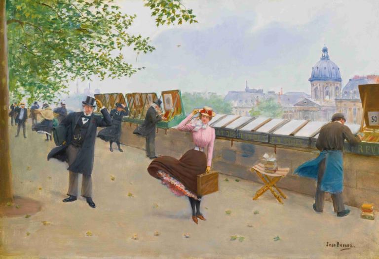 Le Long De La Seine,Jean Béraud,Oljemålning,Oljemålning, flera pojkar, traditionella medier, hatt, utomhus