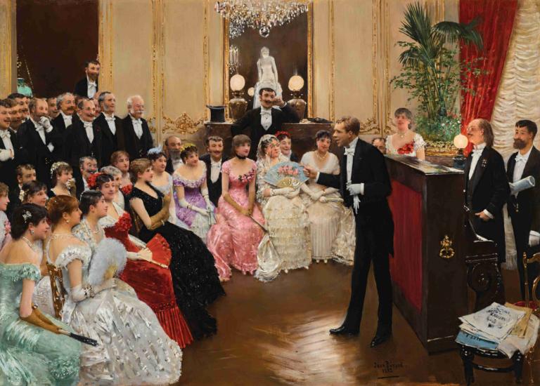 Le Monologue,Jean Béraud,Oil Painting,Oil Painting, dress, multiple girls, multiple boys, formal, 6+boys