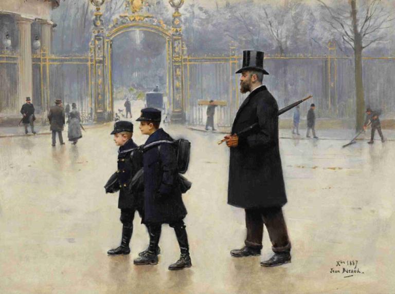 Le Parc Monceau,Parc Monceau,Jean Béraud,Oljemålning,Oljemålning, hatt, flera pojkar, ansiktshår, träd