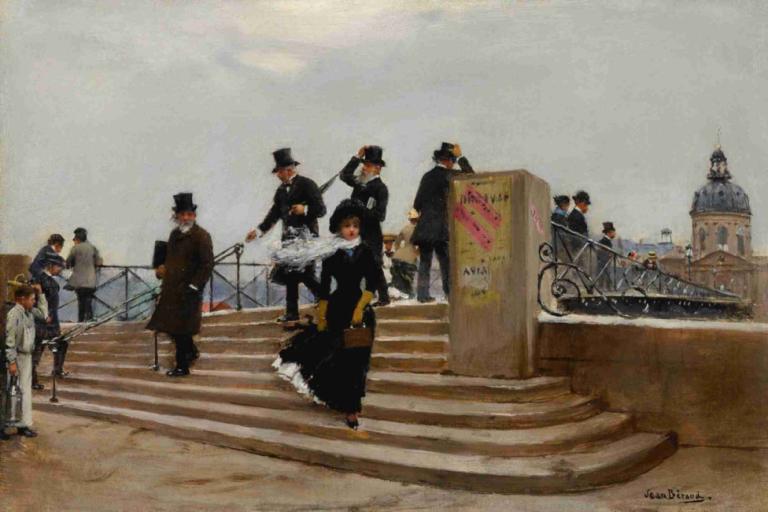 Le Pont Des Arts Par Grand Vent,Pont Des Arts při silném větru,Jean Béraud,Olejomalba,Olejomalba