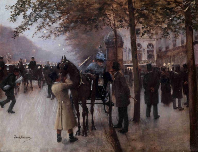 Le boulevard des Capucines, le soir, devant le Café Napolitain,卡普辛大道，傍晚，纳波利坦咖啡馆前,Jean Béraud,让-贝罗,油画,油画, 马, 树