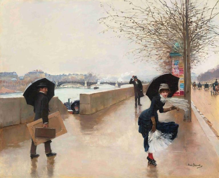 Le vent,Jean Béraud,Oil Painting,Oil Painting, umbrella, tree, outdoors, multiple boys, dress