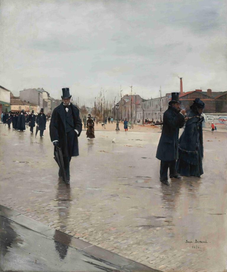 Leaving Montmartre Cemetery,Jean Béraud,Oil Painting,Oil Painting, multiple boys, hat, top hat, outdoors