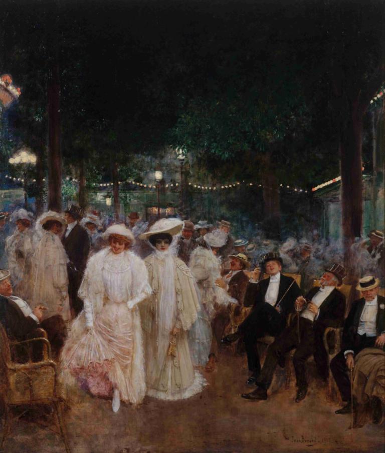 Les belles de nuit,Jean Béraud,Oil Painting,Oil Painting, dress, hat, night, white dress, formal