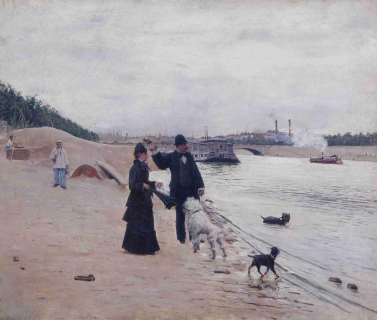 Les berges de la Seine,Jean Béraud,Oil Painting,Oil Painting, dog, outdoors, multiple boys, dress, formal