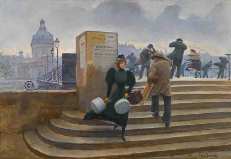 Modiste Sur Le Pont Des Arts,Jean Béraud,Oljemålning,Oljemålning, flera pojkar, hatt, utomhus