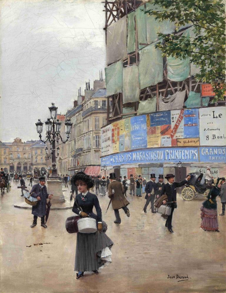 Paris,rue du Havre,Jean Béraud,Oljemålning,Oljemålning, kjol, markfordon, utomhus, traditionella medier