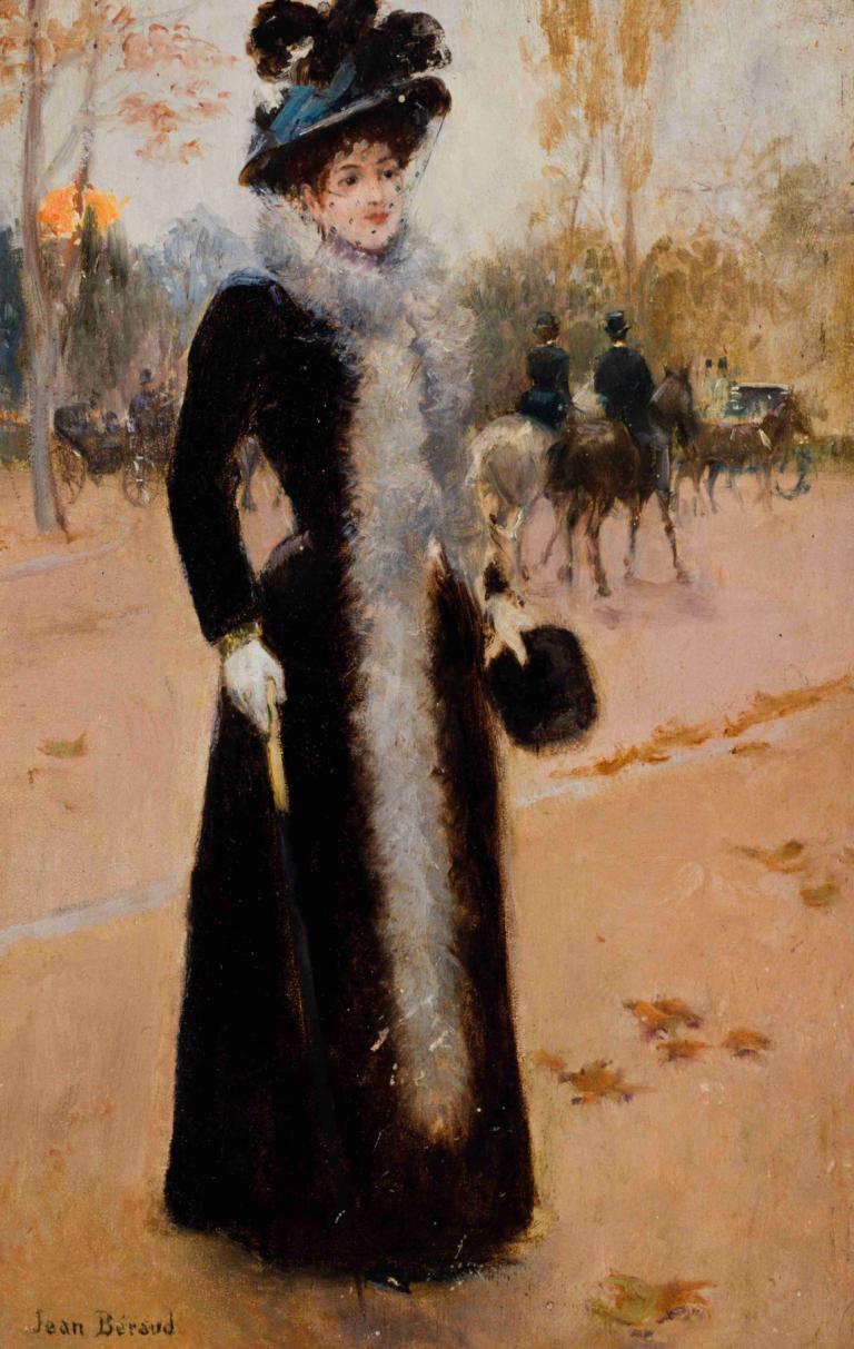 Parisienne au Bois.,Jean Béraud,Ölgemälde,Ölgemälde, 1Mädchen, schwarzes Haar, Hut, draußen, Solo-Fokus