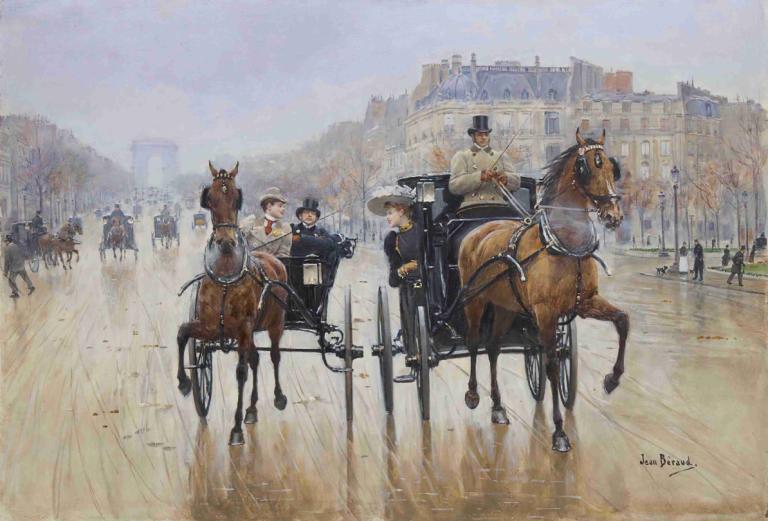 Rond-Point des Champs-Élysées,Jean Béraud,Ölgemälde,Ölgemälde, Pferd, Reiten, Reiten, mehrere Jungen, Hut