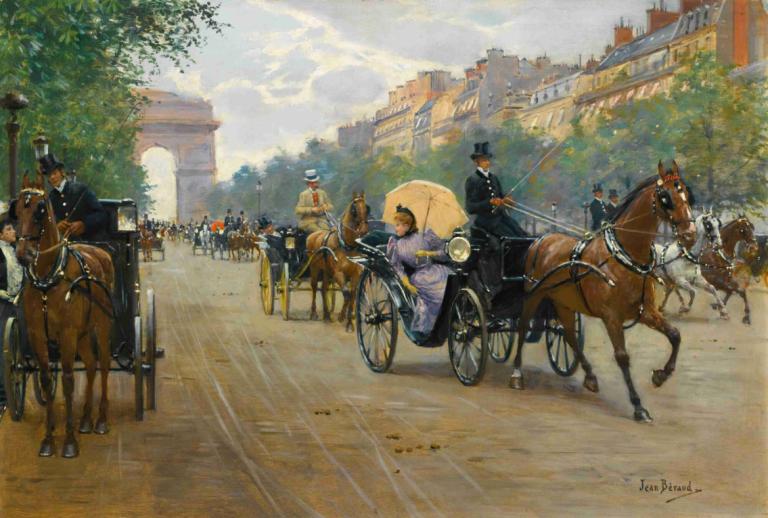 Scène Sur Les Champs-Élysées,香榭丽舍大街风光,Jean Béraud,让-贝罗,油画,油画, 马, 骑马, 骑术, 多个男孩, 传统媒体, 户外, 帽子, 绘画（中）, 地面车辆, 树