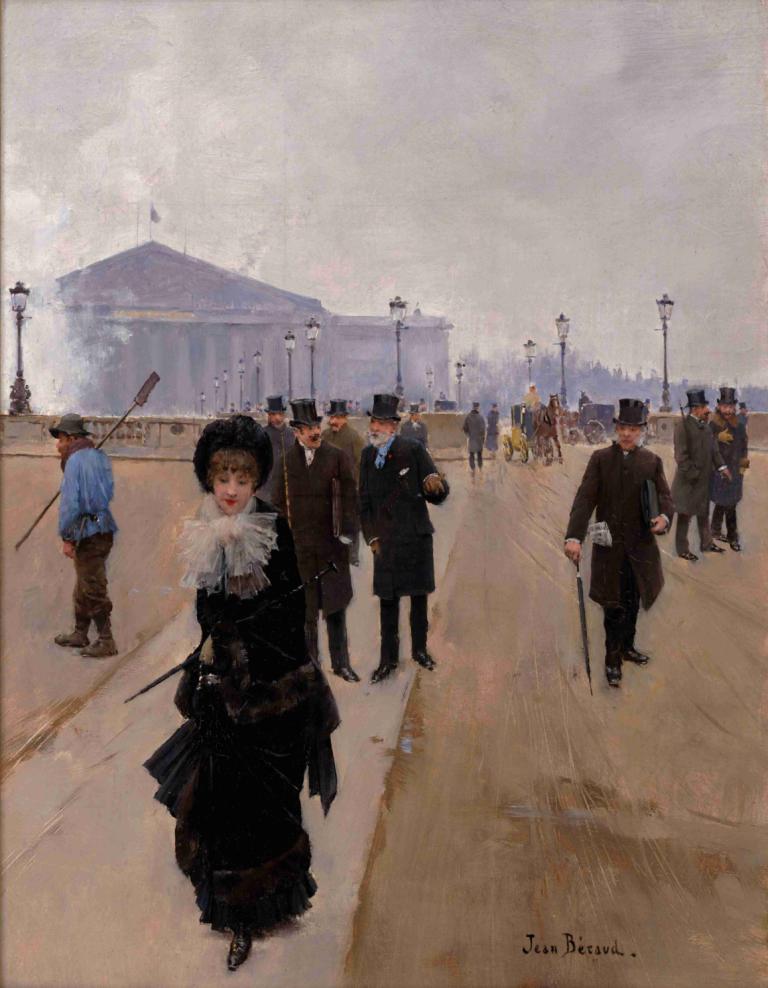 Scene From The Place De La Concorde,协和广场场景,Jean Béraud,让-贝罗,油画,油画, 帽子, 户外, 多个男孩, 6+男孩, 1个女孩, 保持, 实际的, 黑裙子, 外套