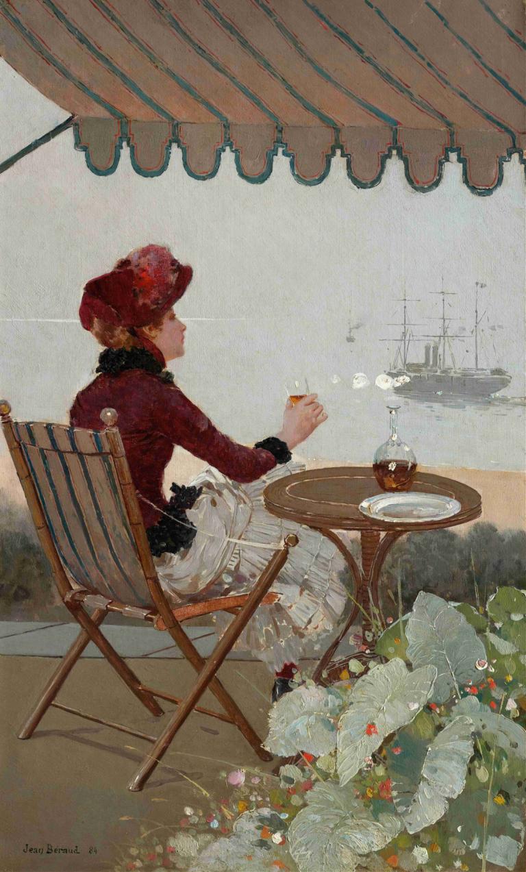 Seaside Café,海滨咖啡厅,Jean Béraud,让-贝罗,油画,油画, 1个女孩, 花, 独奏, 坐着, 桌子, 椅子, 保持, 红发, 船只, 杯子, 户外, 毛皮装饰, 长袖, 轮廓