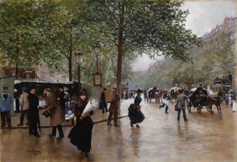 Sur Les Grands Boulevards,林荫大道上,Jean Béraud,让-贝罗,油画,油画, 照片背景, 树, 多个男孩, 户外, 6+男孩, 传统媒体, 多个女孩, 帽子, 真实世界位置, 风景