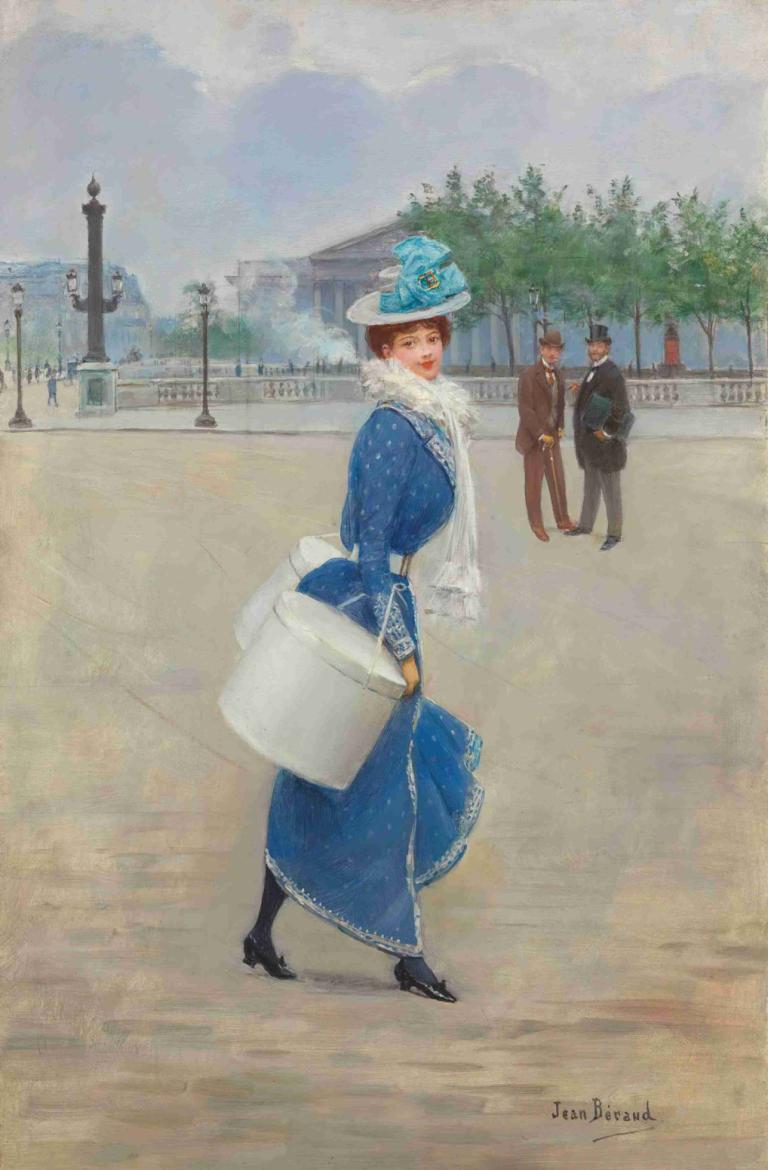 Sur la place de la Concorde,协和广场上,Jean Béraud,让-贝罗,油画,油画, 帽子, 1个女孩, 黑色鞋类, 户外, 包, 裙子, 棕色的头发, 树, 蓝色连衣裙, 手提包, 花