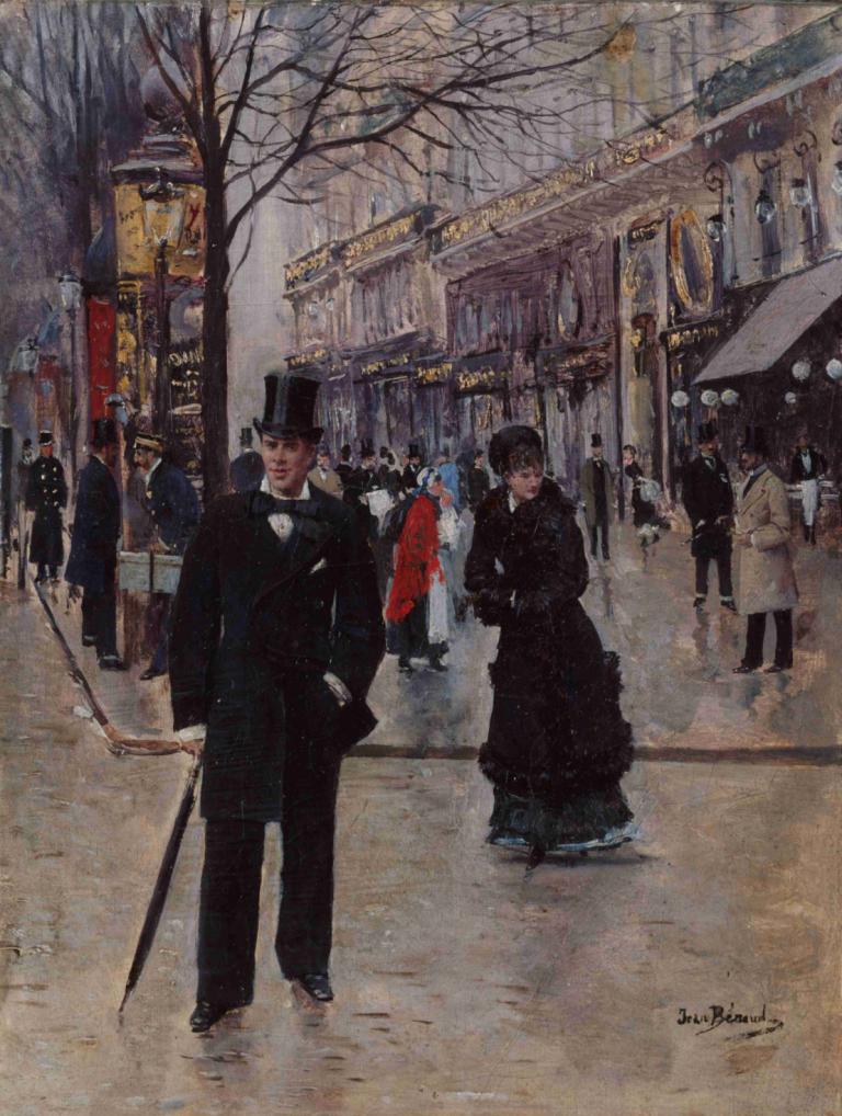 Sur le boulevard,林荫大道上,Jean Béraud,让-贝罗,油画,油画, 帽子, 树, 光秃秃的树, 多个男孩, 户外, 高顶礼帽, 传统媒体, 多个女孩, 黑发, 签名, 领结, 外套, 街道