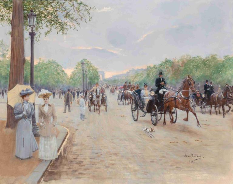 Sur les Champs Élysées,香榭丽舍大街,Jean Béraud,让-贝罗,油画,油画, 马, 骑马, 帽子, 户外, 骑术, 树, 多个男孩, 6+男孩, 多个女孩, 绘画（中）, 传统媒体