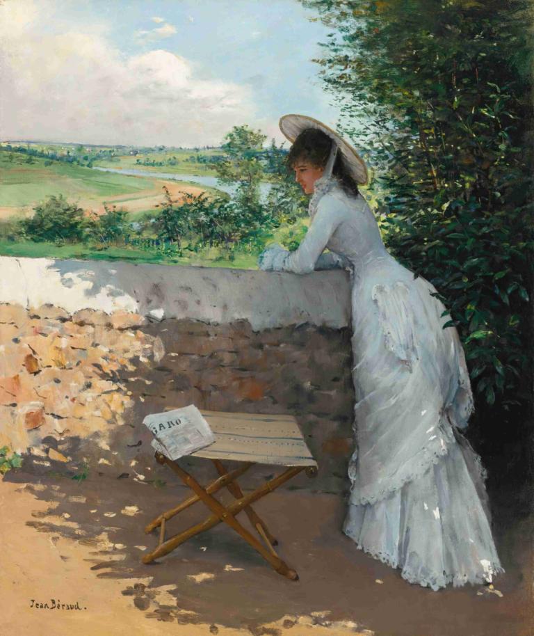 Un Figaro De Rêve,费加罗的梦想,Jean Béraud,让-贝罗,油画,油画, 1个女孩, 裙子, 户外, 独奏, 白色礼服, 帽子, 树, 黑发, 天, 传统媒体, 云, 天空, 长裙, 阴影