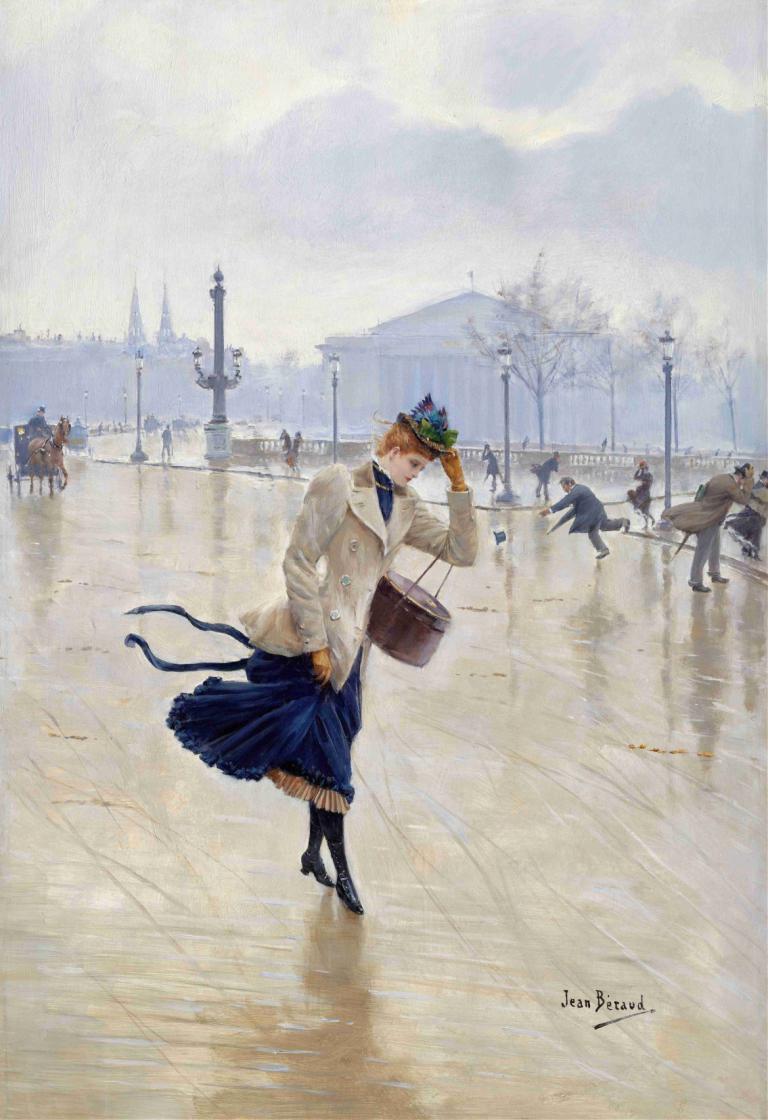 Windy Day, Place De La Concorde,大风天，协和广场,Jean Béraud,让-贝罗,油画,油画, 帽子, 户外, 步行, 树, 裙子, 多个男孩, 1个女孩, 云, 外套, 签名, 裙子