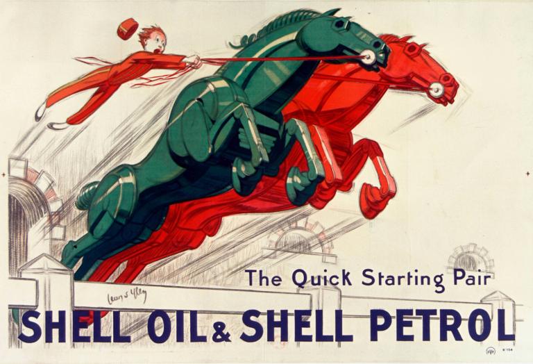 The Quick-starting pair Shell oil and Shell petrol,Jean d'Ylen,Illustration,Illustration, 1girl, riding, hat