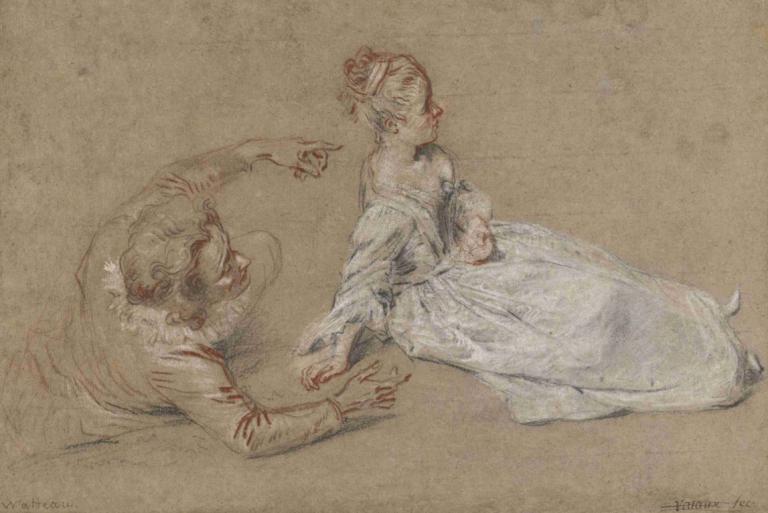 A Man Reclining and a Woman Seated on the Ground,Jean-Antoine Watteau,Color Sketch,Color Sketch, 1girl, dress