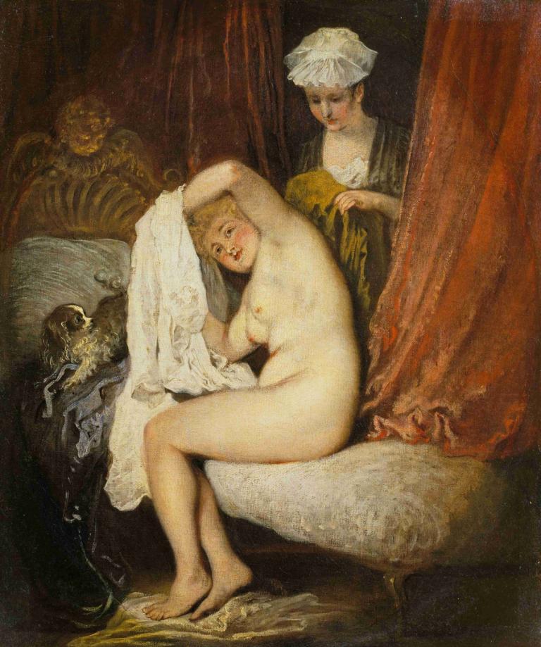 A Woman at Her Toilet,화장실에 간 여자,Jean-Antoine Watteau,장 앙투안 와토,오일 페인팅,오일 페인팅, 미술 패러디, 가슴, 나체상, 젖꼭지, 커튼, 여러 여자