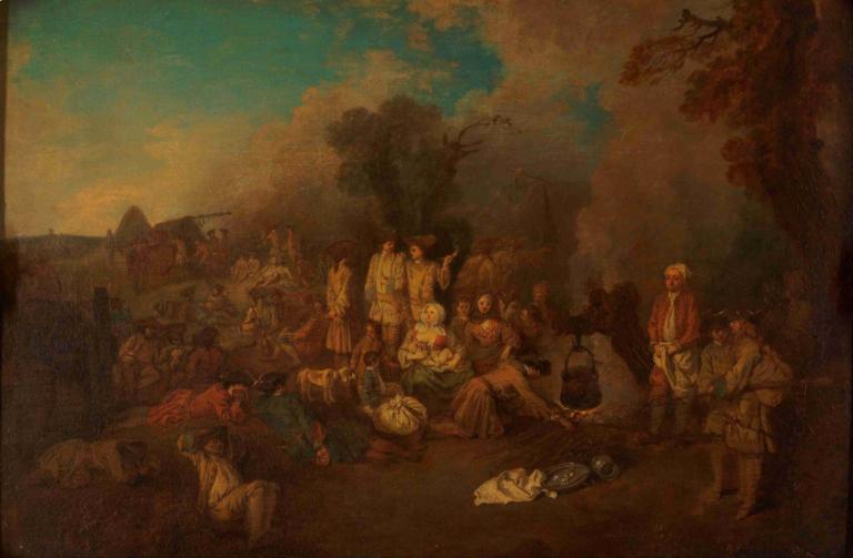 Bivouac,Bivak,Jean-Antoine Watteau,Oljna slika,Oljna slika, več fantov, drevo, sedenje, na prostem