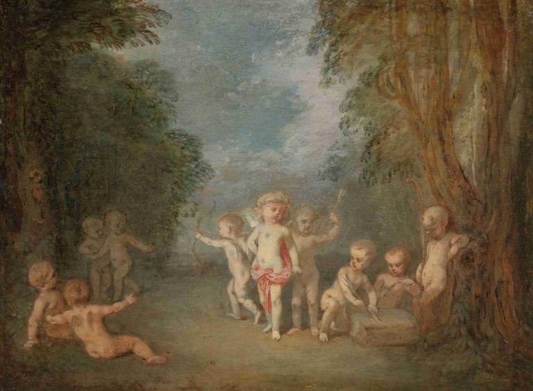 Cupid's Realm [Le Royaume De L'amour],キューピッドの領域,Jean-Antoine Watteau,ジャン＝アントワーヌ・ワトー,油絵,油絵, 木, 美術パロディ, 複数の男の子