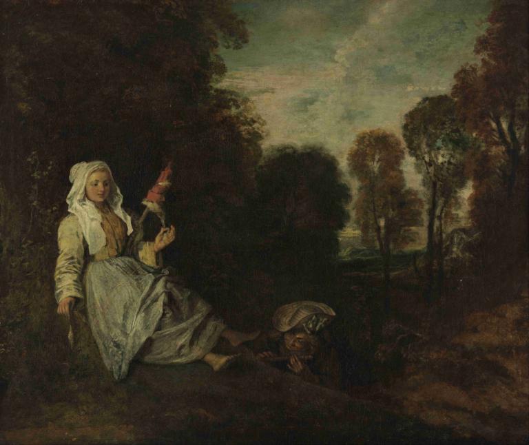 Evening Landscape with Spinner,Jean-Antoine Watteau,Oil Painting,Oil Painting, fine art parody, solo, 1boy