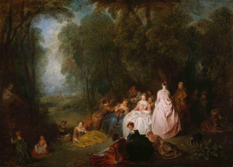 Fête champêtre (Pastoral Gathering),사목 모임,Jean-Antoine Watteau,장 앙투안 와토,오일 페인팅,오일 페인팅, 여러 소년, 자연, 미술 패러디