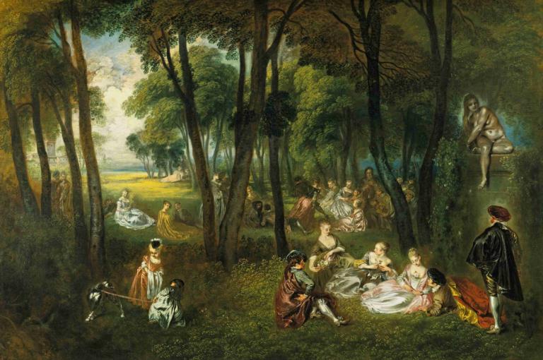 Fête galante in a Wooded Landscape,Fête galante di Lanskap Berhutan,Jean-Antoine Watteau,Lukisan cat minyak