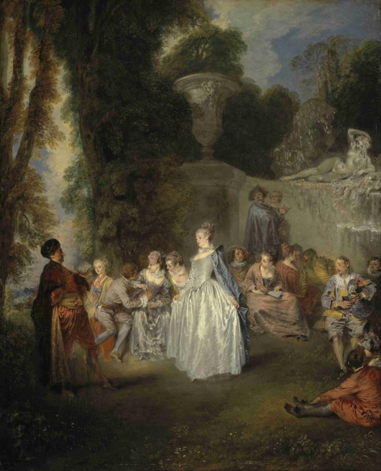 Fêtes Venitiennes,Benátské festivaly,Jean-Antoine Watteau,Olejomalba,Olejomalba, parodie na výtvarné umění