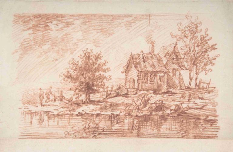 Farm House along a River, two figures at left,Bondgård längs en flod, två figurer till vänster