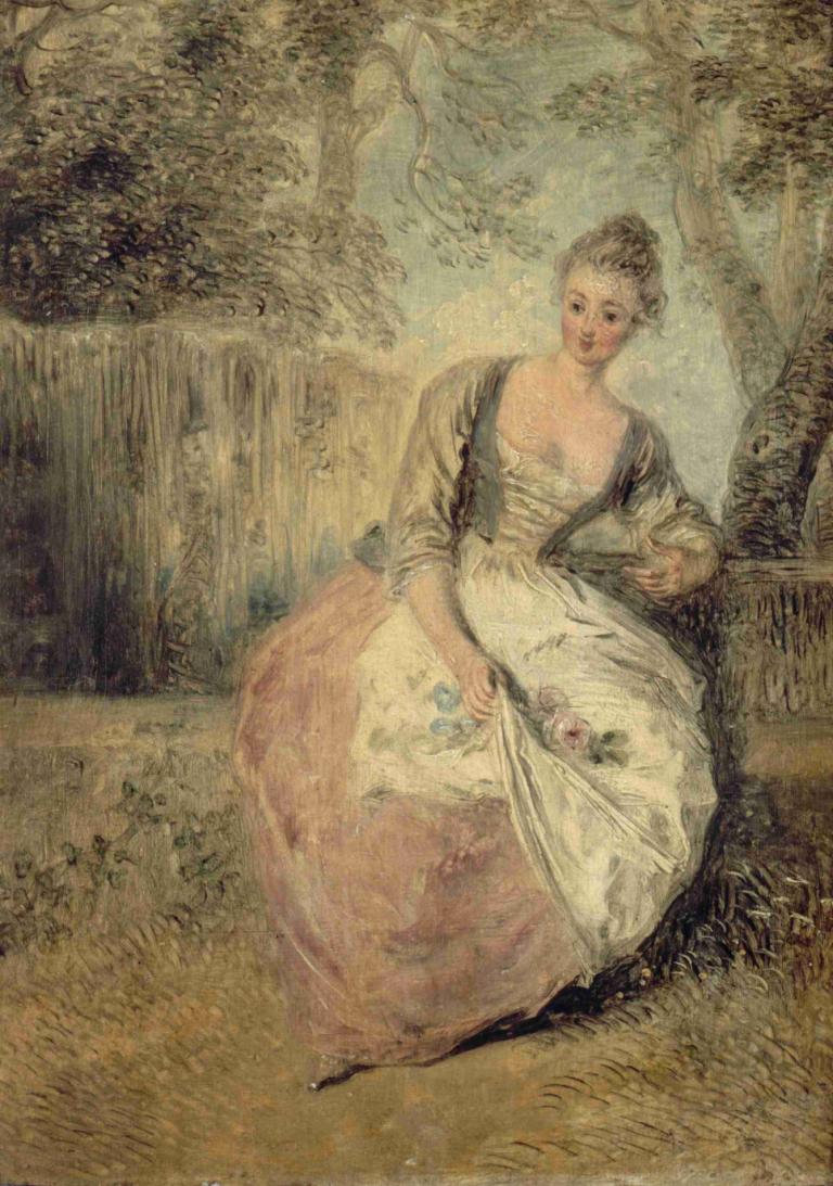 L’Amante inquiète,Jean-Antoine Watteau,Oil Painting,Oil Painting, 1girl, solo, dress, tree, sitting, flower